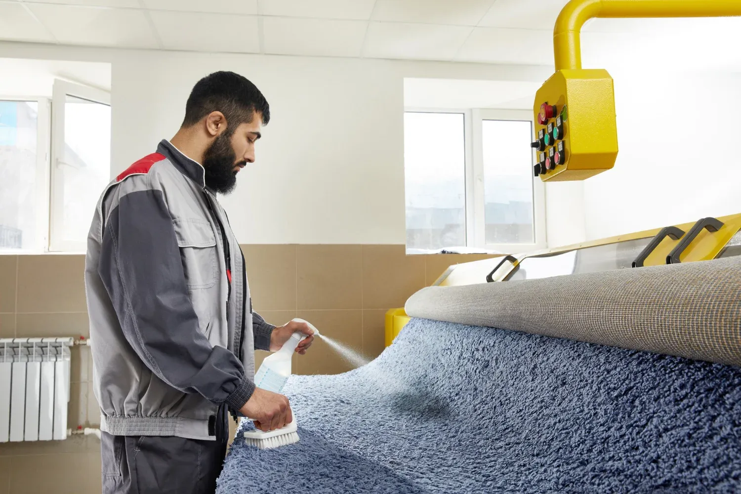 A professional technician performing deep cleaning on a high-traffic carpet to remove dirt and stains in a busy office hallway.