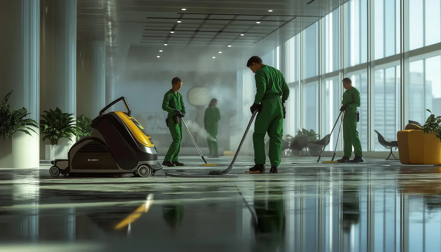 SKYREX team member sanitizing high-touch surfaces in a corporate office