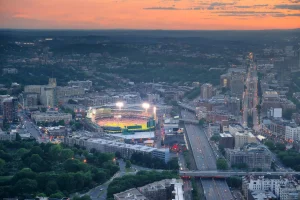 Boston aerial view at sunset