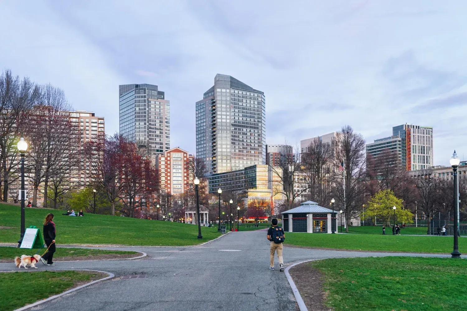 Boston Common public park and people in downtown Boston, MA, United States.