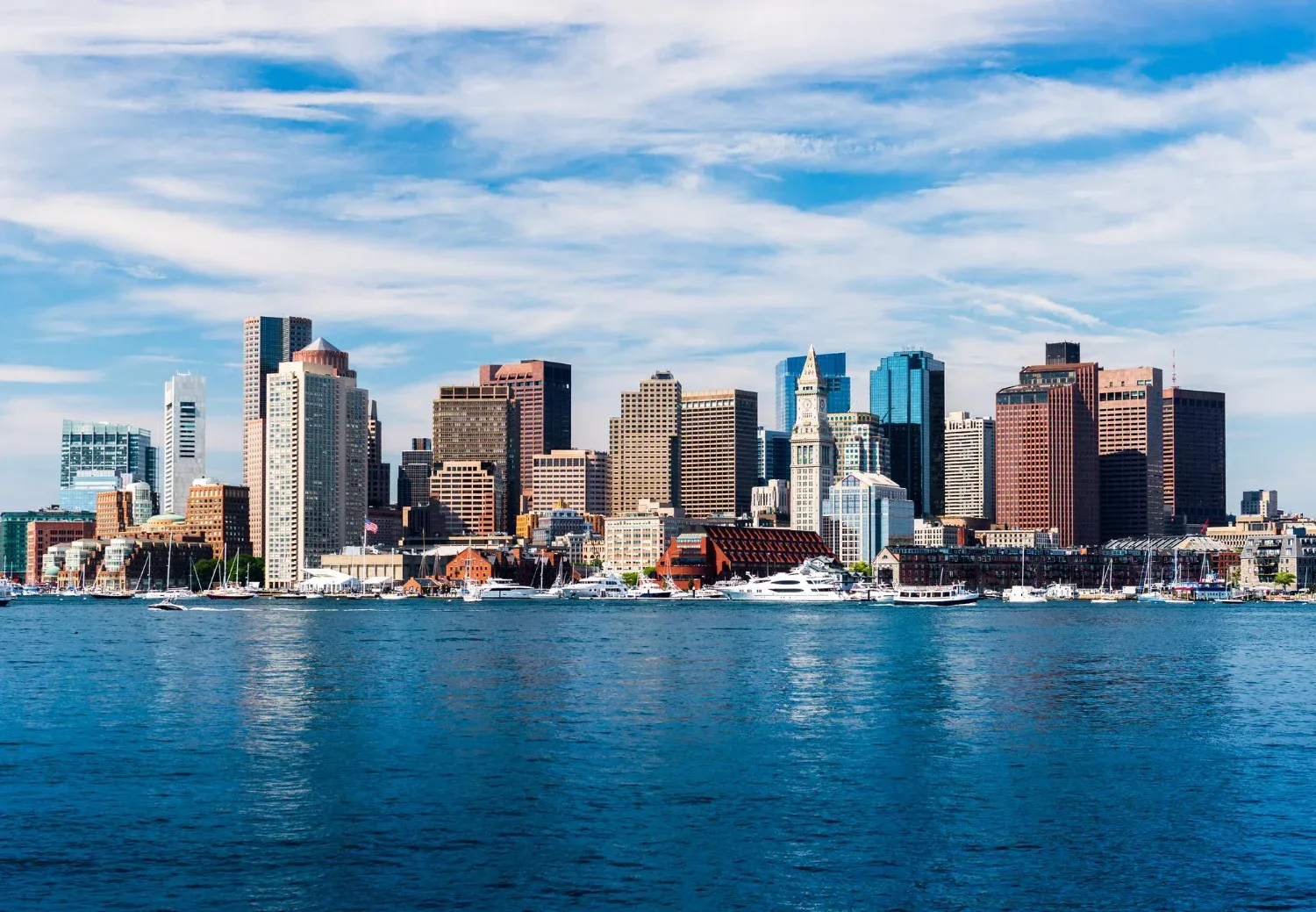 Panoramic view of Boston skyline, view from harbor, skyscrapers in downtown Boston, cityscape of the Massachusetts capital, USA